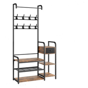 Entryway Organizer Storage Bench Coat Rack with Storage Cabinet Free Standing Wood Accent Metal Hooks and Frame