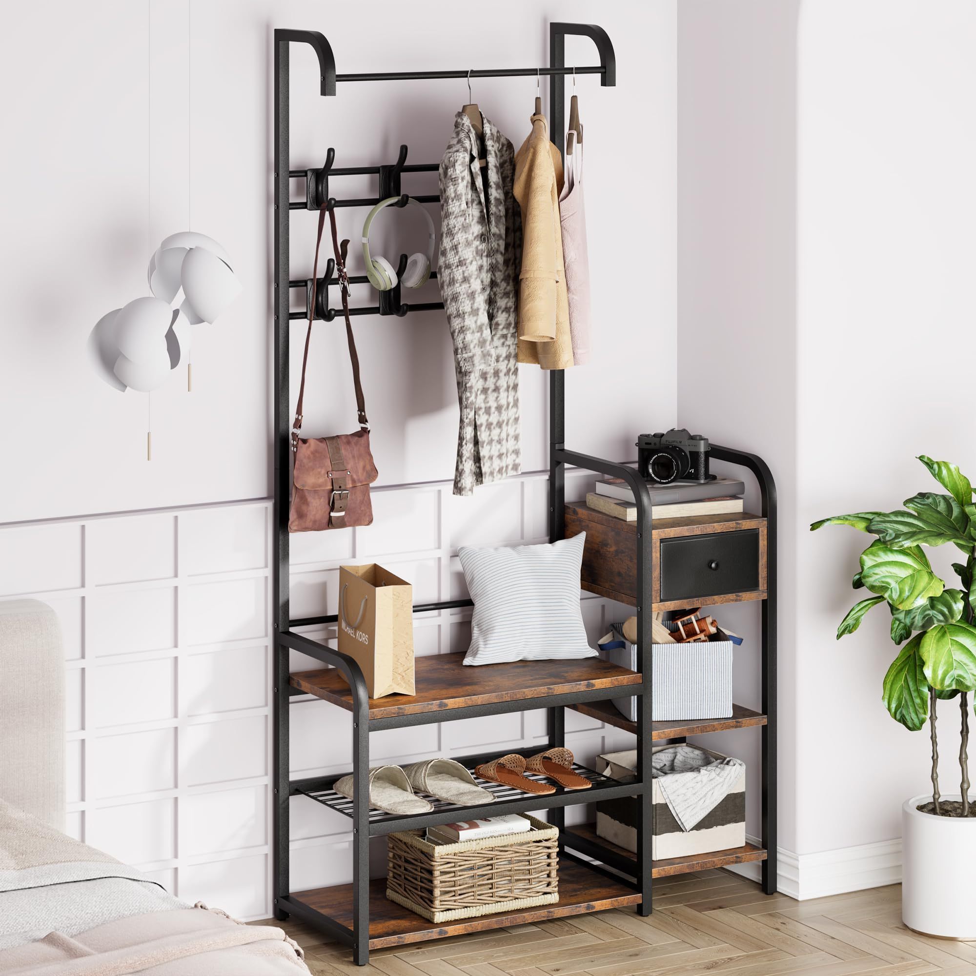 Entryway Organizer Storage Bench Coat Rack with Storage Cabinet Free Standing Wood Accent Metal Hooks and Frame