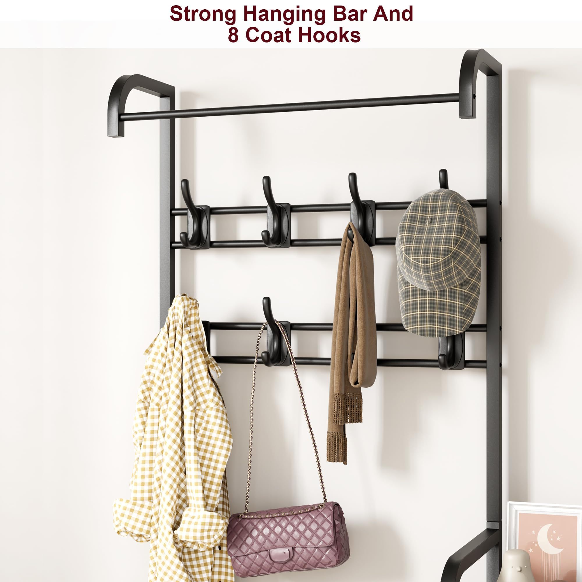 Entryway Organizer Storage Bench Coat Rack with Storage Cabinet Free Standing Wood Accent Metal Hooks and Frame