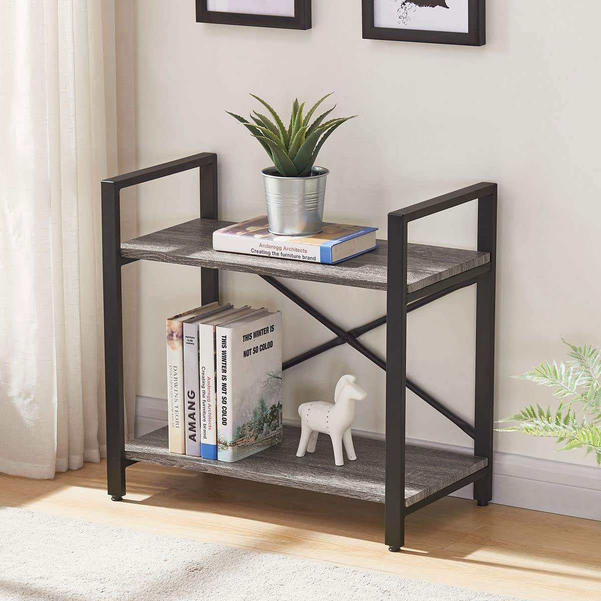 Hot Sale Nice Decoration Wood&metal 2 Tier Small Bookshelf Living Room Home Office Wooden Black Book Shelf