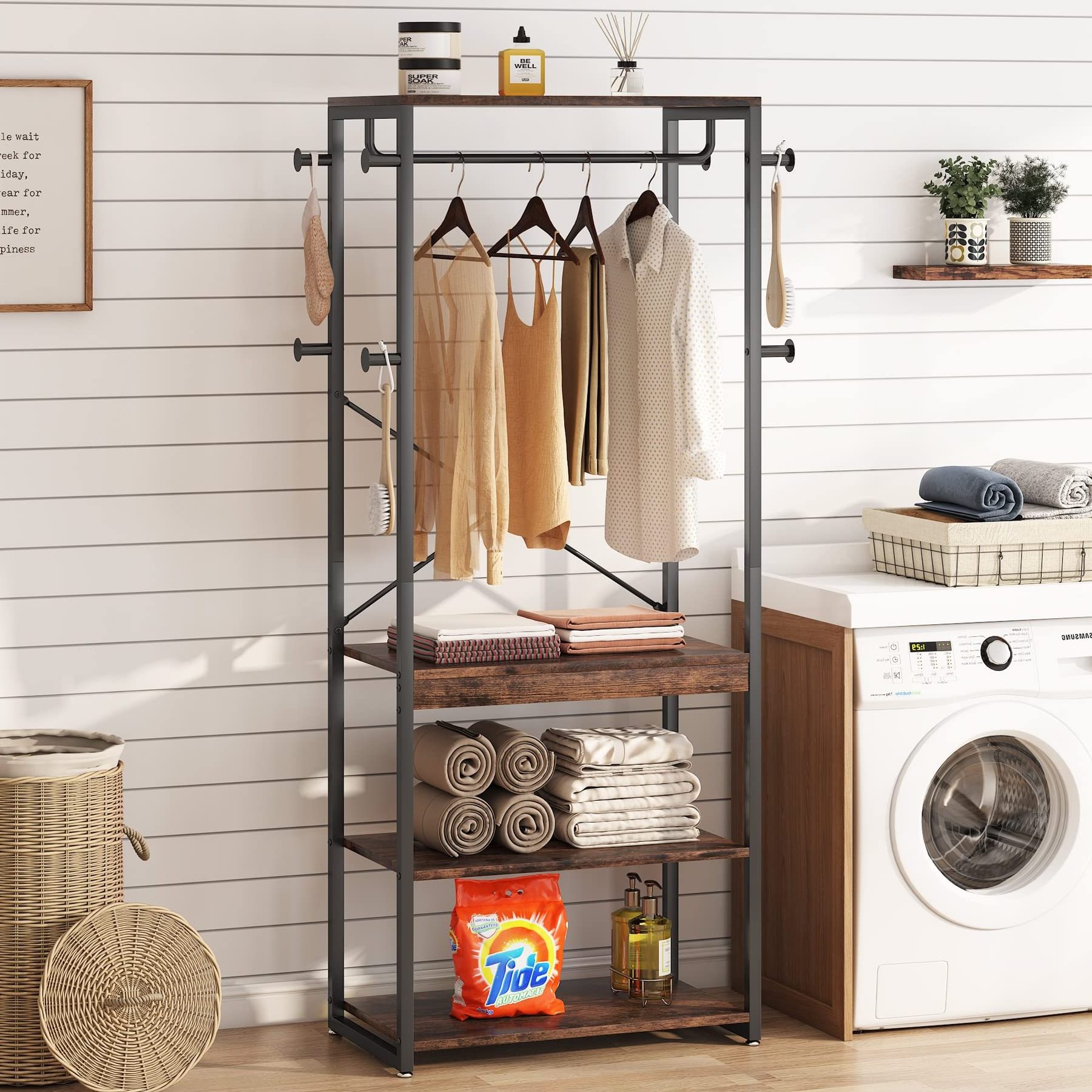 Industrial Hall Tree with 4 Shelves and 8 Hooks Standing Small Clothes Rack Closet Organizer for Entryway