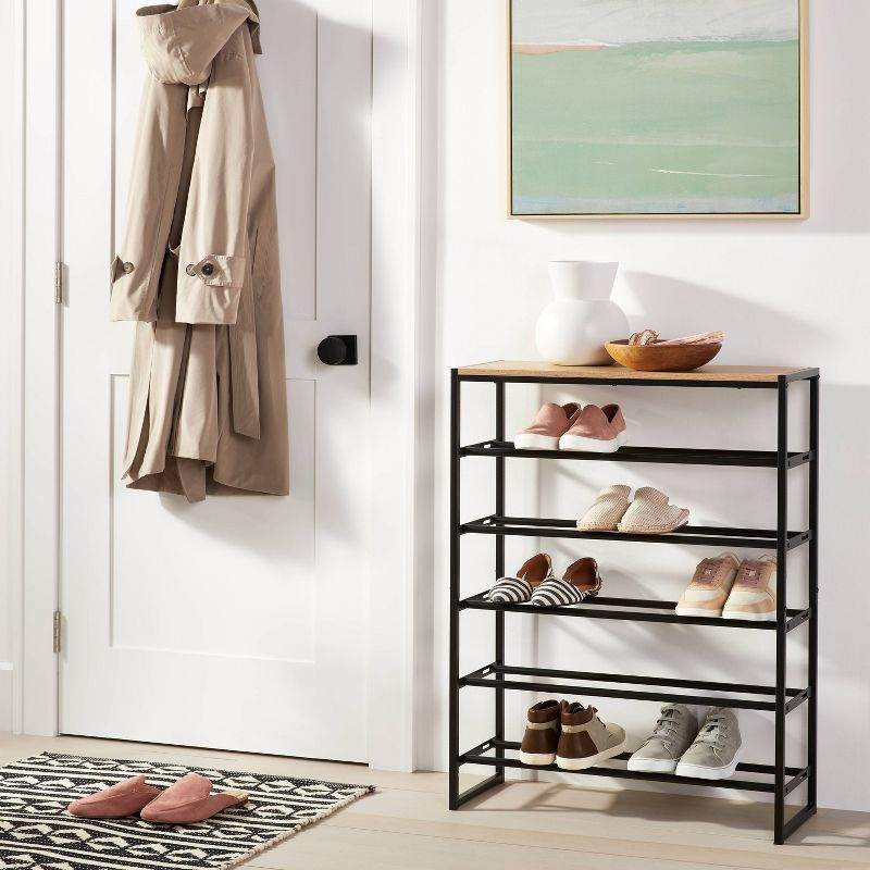 Entryway Shoes Organizer Rustic Brown Metal Shoe Rack with Wooden Board Shoe Storage Shelf