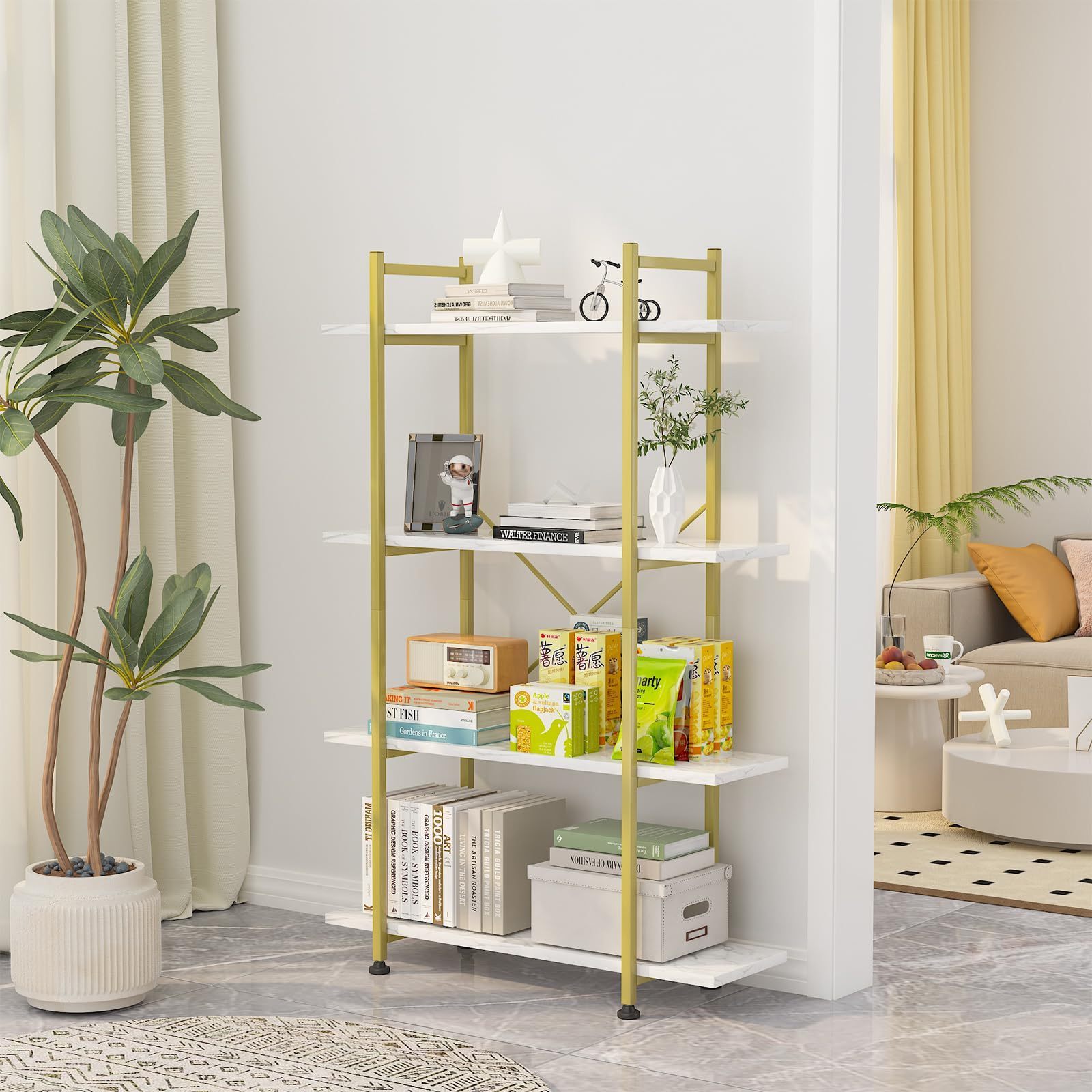 Contemporary Rectangle Metal Ladder Bookshelf Home Office Furniture 4 Shelf Bookcase