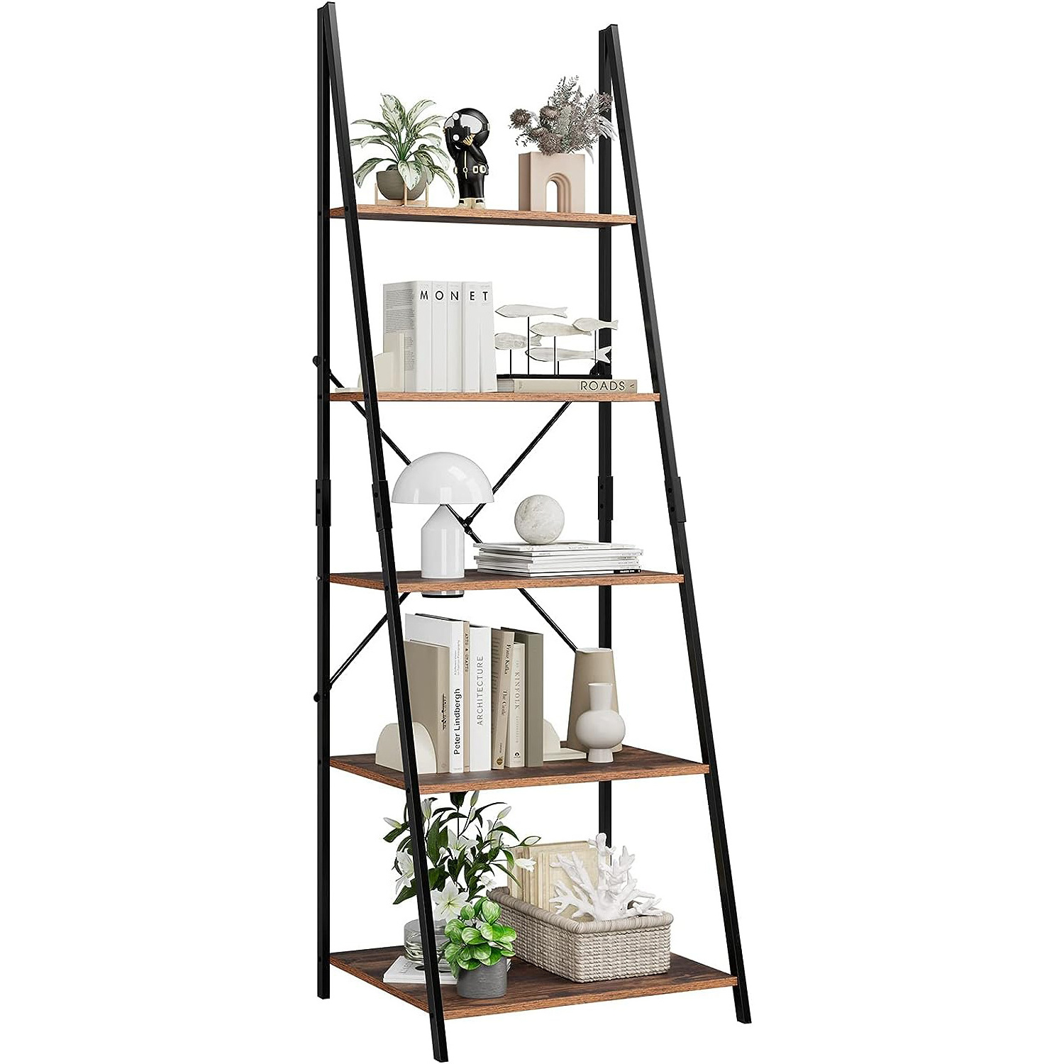 Display Book Open Shelf Magazine Rack Wooden 5-tier Ladder Bookcase for Balcony Living Room