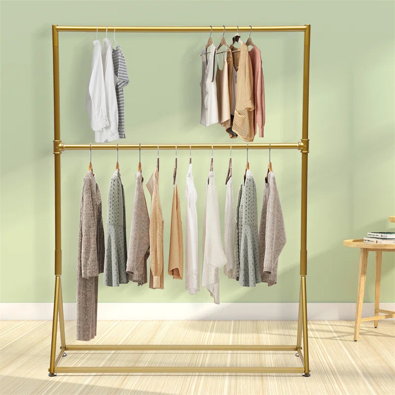 High Quality Stainless Steel Metal Clothes Rail Double Coat Rack Freestanding Garment Rack Hanger With 2-Tier Storage Shelf