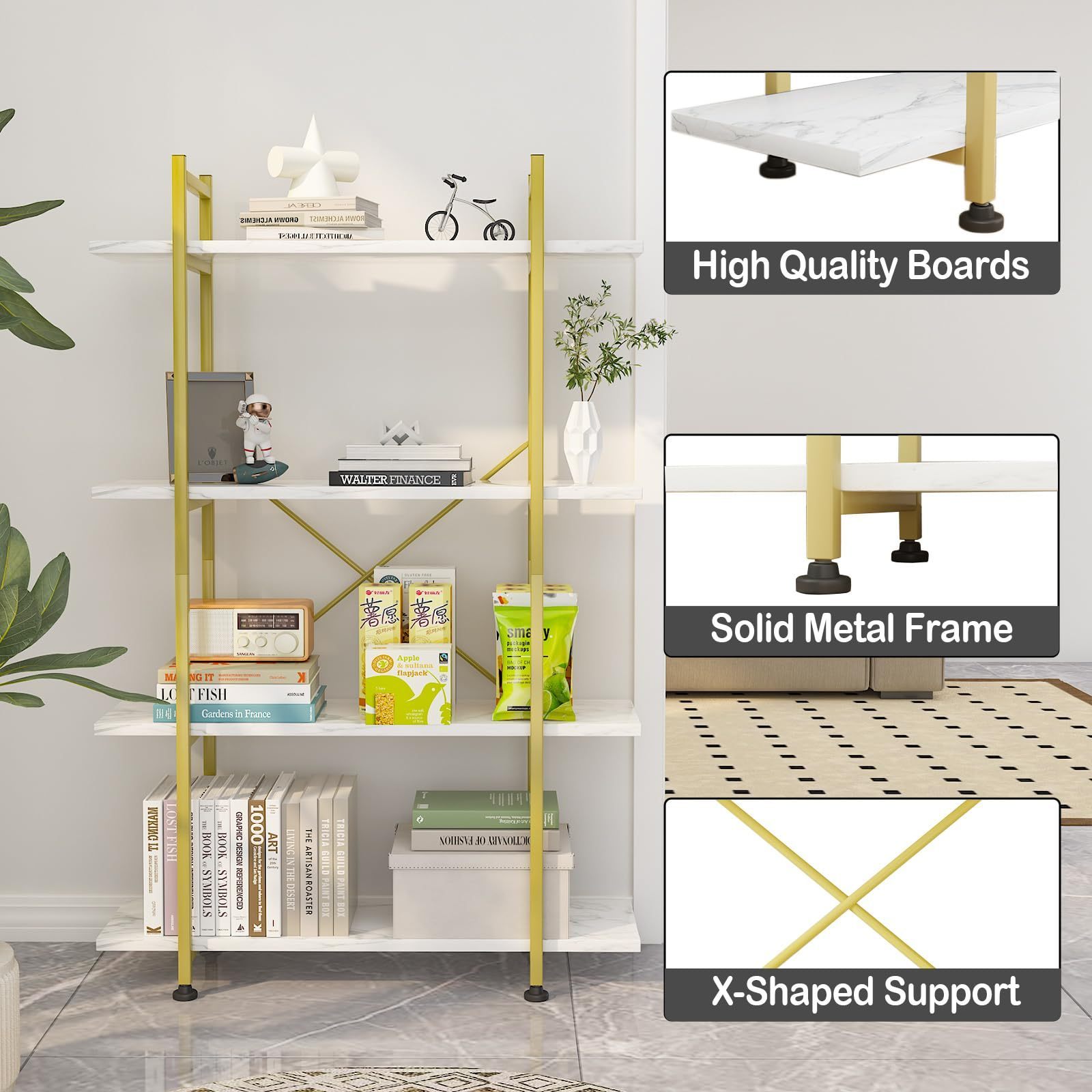 Contemporary Rectangle Metal Ladder Bookshelf Home Office Furniture 4 Shelf Bookcase