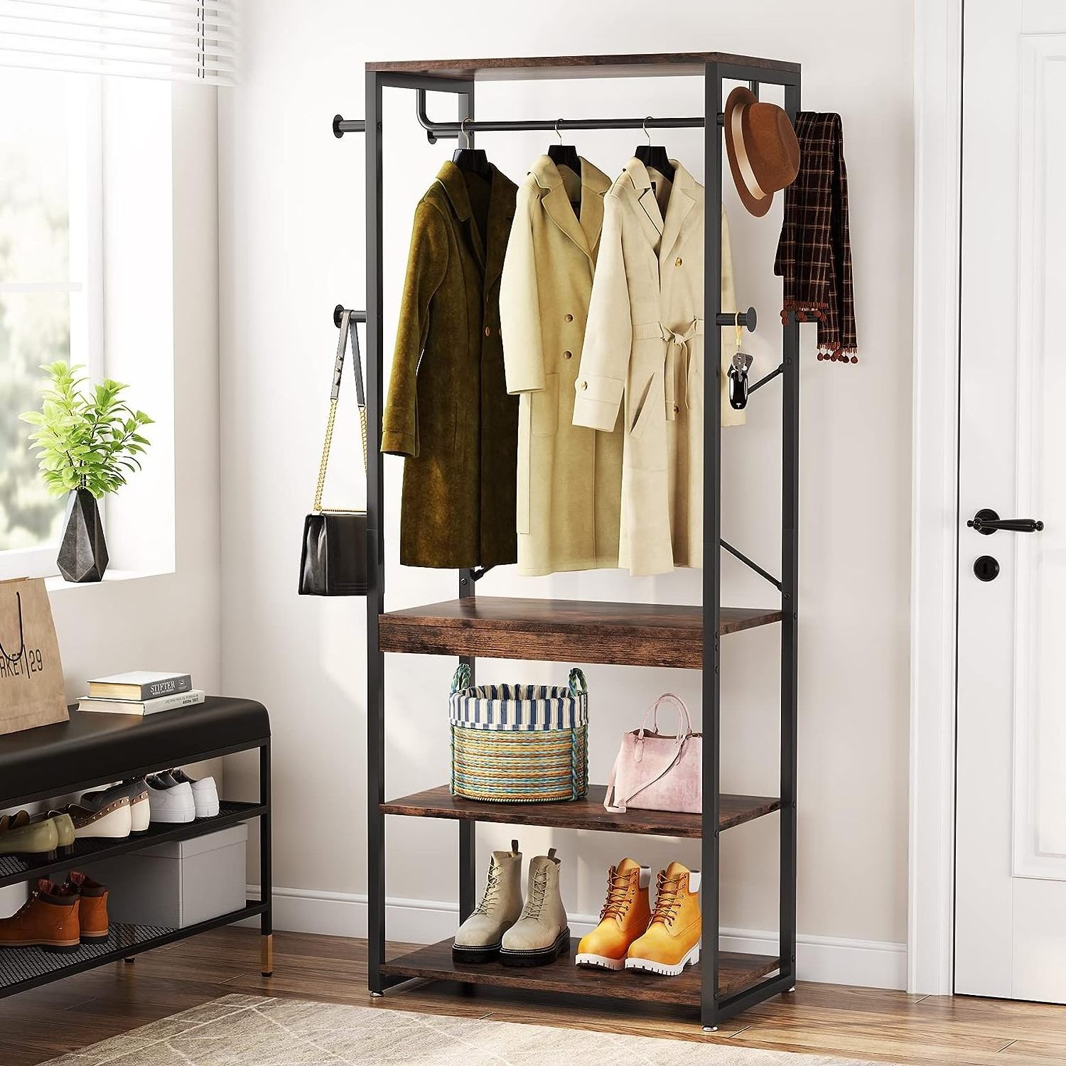 Industrial Hall Tree with 4 Shelves and 8 Hooks Standing Small Clothes Rack Closet Organizer for Entryway