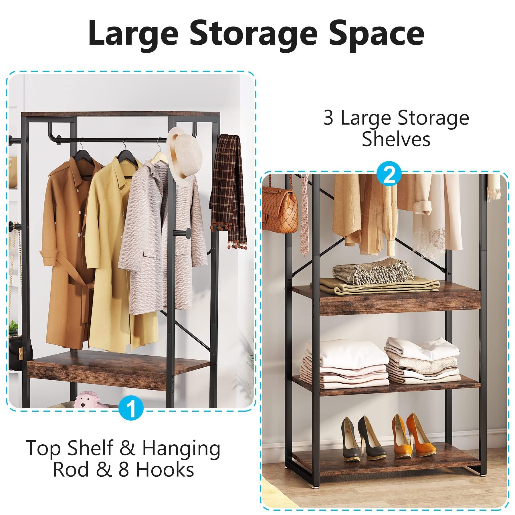 Industrial Hall Tree with 4 Shelves and 8 Hooks Standing Small Clothes Rack Closet Organizer for Entryway