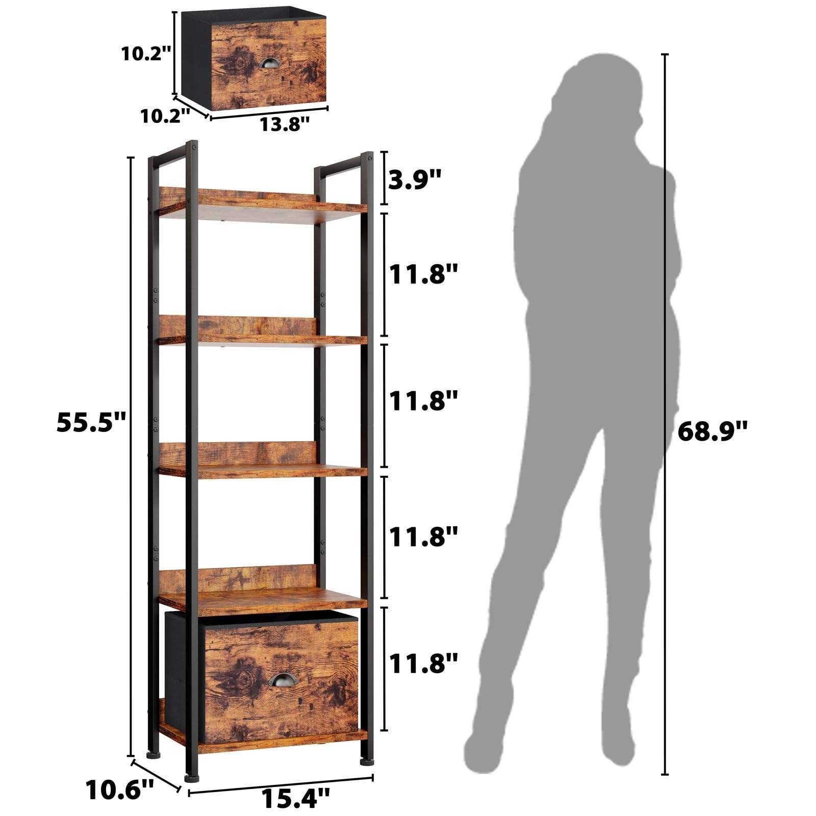 5 Tier Bookshelf with Drawer Tall Narrow Bookcase with Shelves Wood and Metal Book Storage Shelf