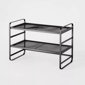 Home Organization Living Room 2 Tier Black Metal Mesh Shoe Rack Storage Organizer