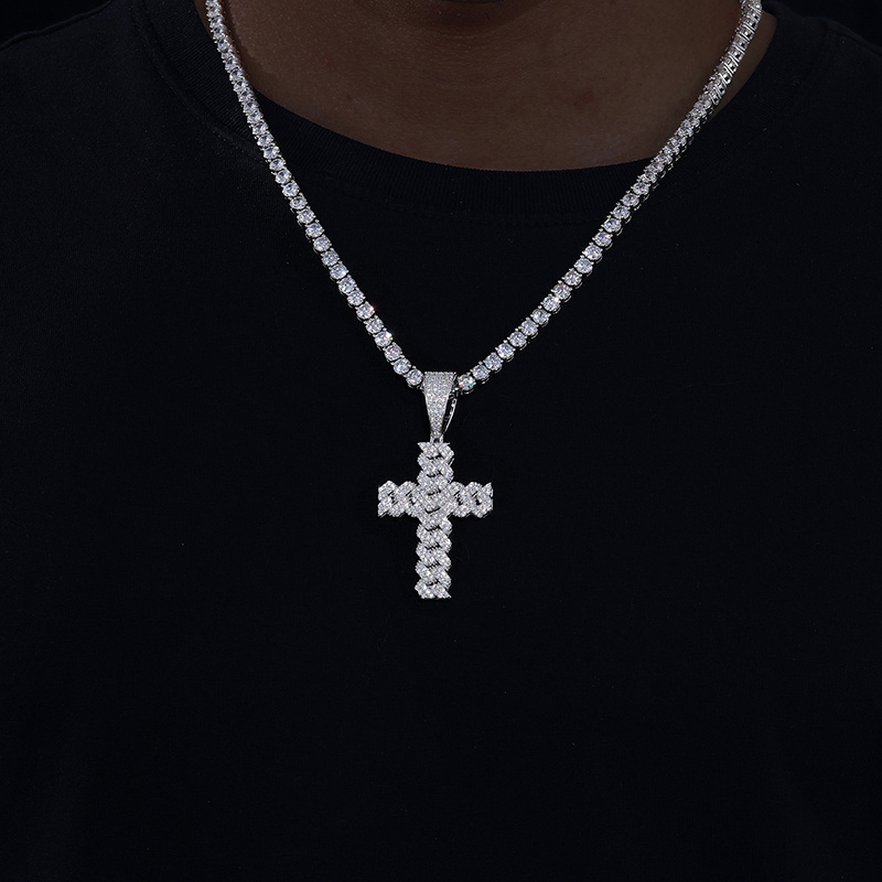 Dropshipping Punk Style Hip Hop Jewelry 925 Sterling Silver Lab VVS Moissanite Iced Out Cuban Cross Pendant Necklace For Gift