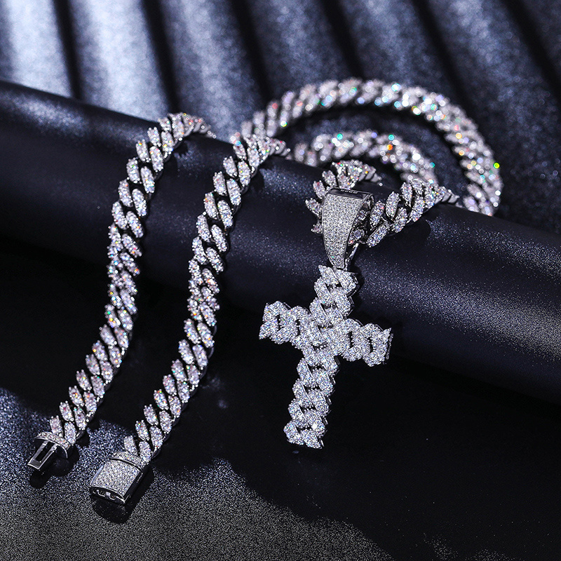 Dropshipping Punk Style Hip Hop Jewelry 925 Sterling Silver Lab VVS Moissanite Iced Out Cuban Cross Pendant Necklace For Gift