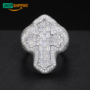 Dropshipping Baguette Cross Ring 925 Sterling Silver VVS Moissanite Diamond Iced Out Hip Hop Ring Rock Rapper Fashion Jewelry