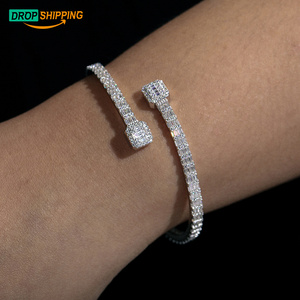 Drop Shipping Fine Women Jewelry 3.8mm Width 925 Sterling Silver VVS Baguette Moissanite Diamond Famous Brand Cuff Bangle