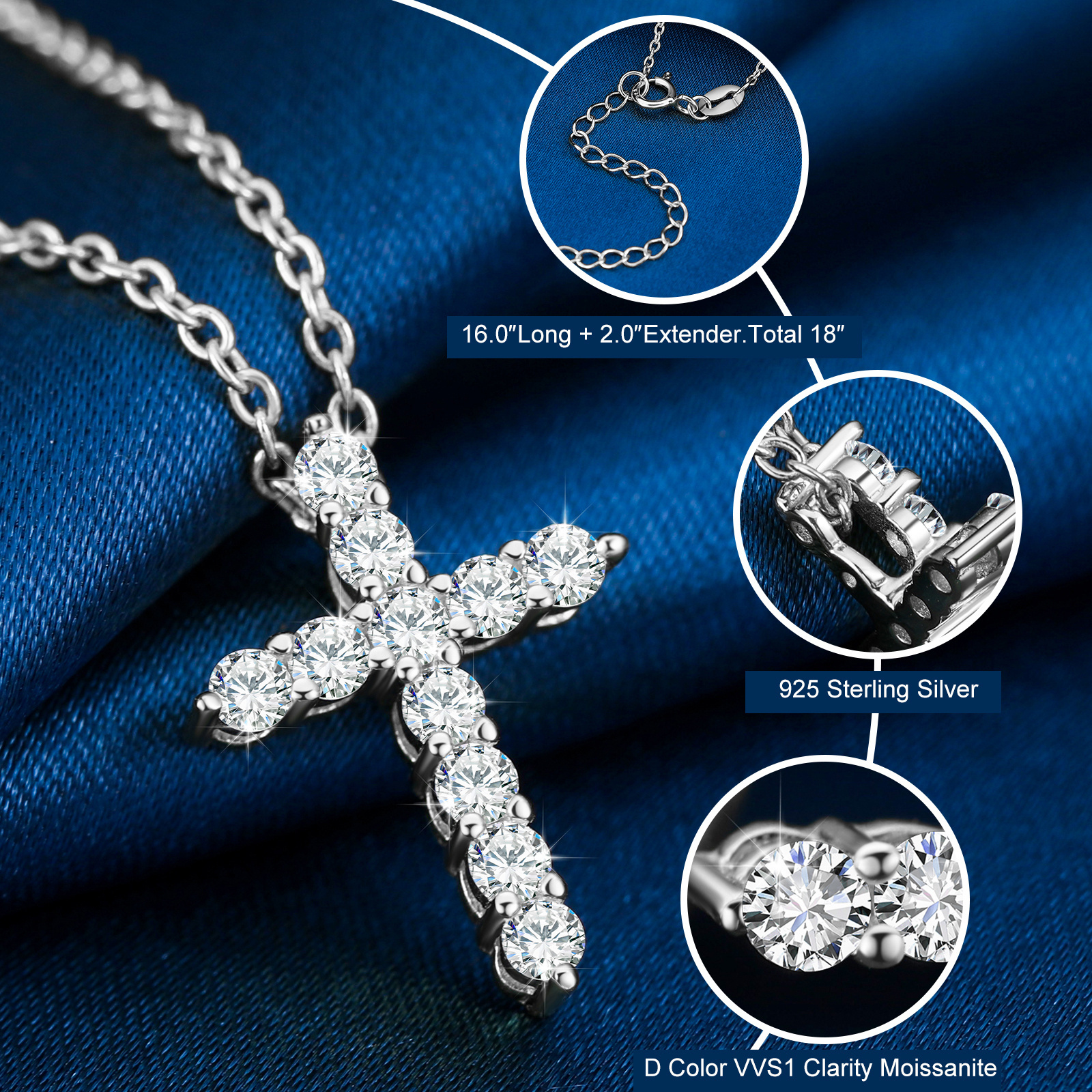 Waterproof Moissanite Cross Necklace Colliers Dropshipping 1.1ct VVS Diamond 925 Sterling Silver Jewelry Pendant For Men Women