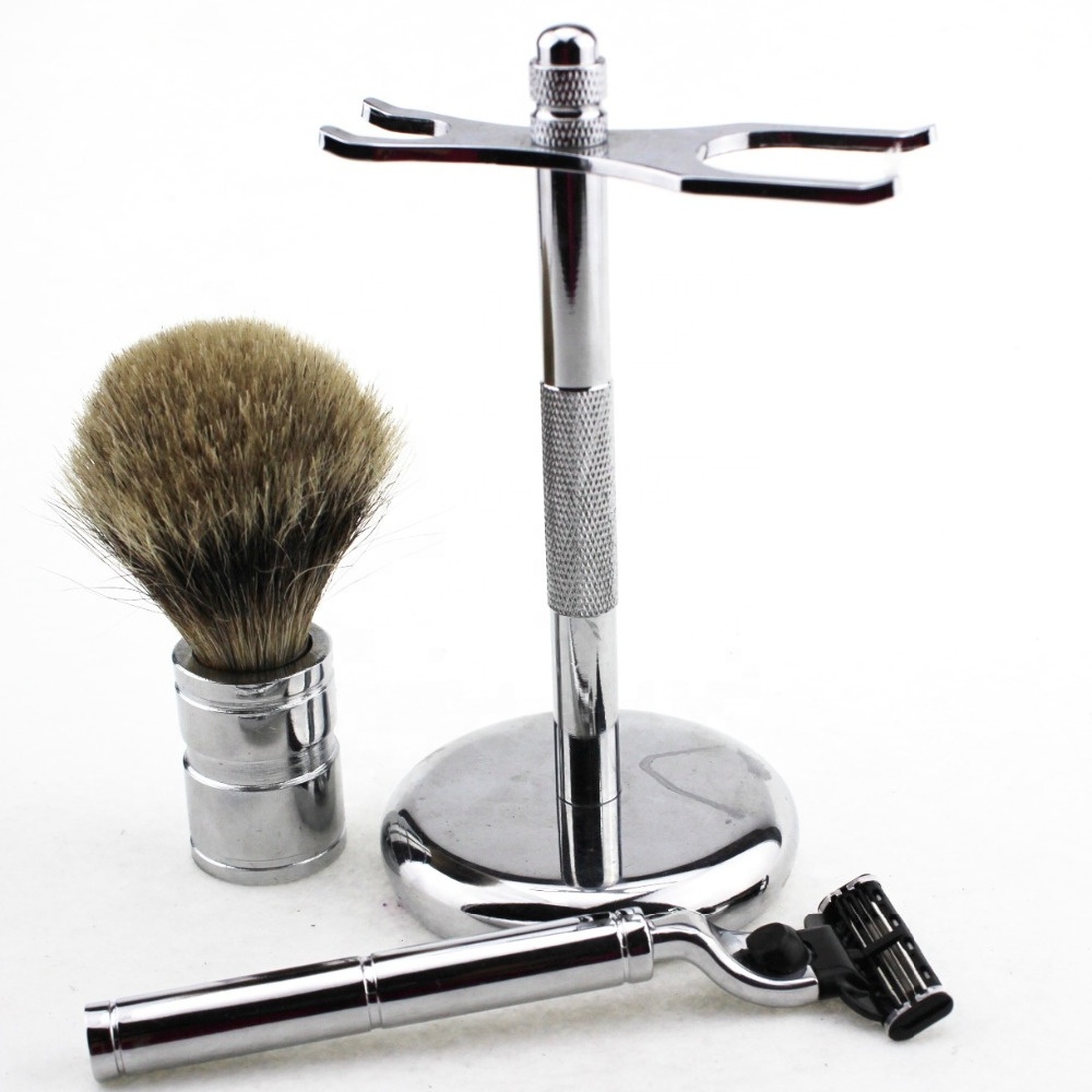 High quality shaving brush shave stand and 3 blade razor metal men shaving set for men shave