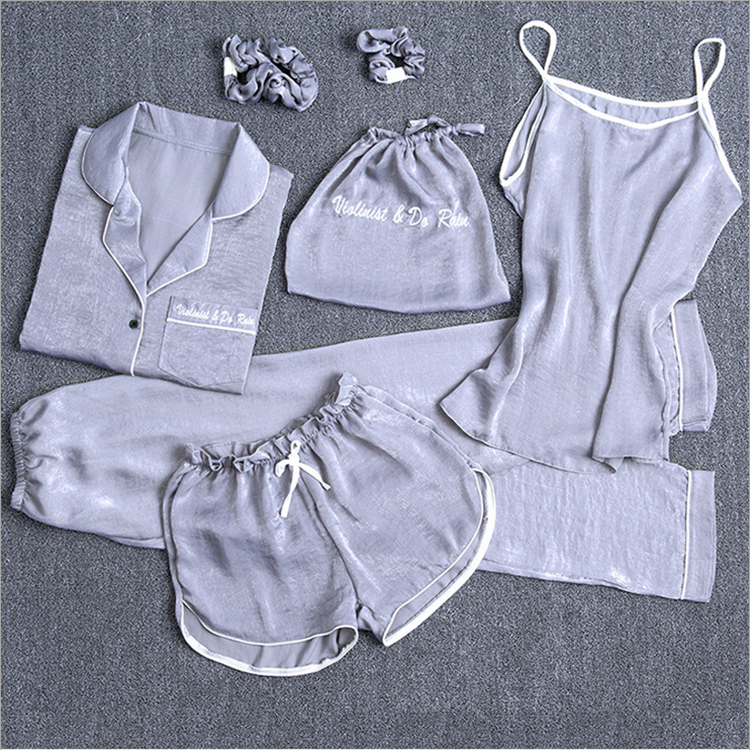 OEM Custom Women Silk Nighty Sleepwear Sexy Satin Sleepwear Girls  Pajamas Women 7 Pieces Suit Nighty Pyjamas  Lounge Wear