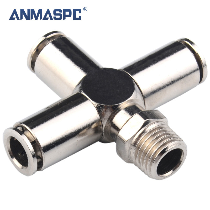 All Copper 4 Four Way Round Head Female Push Into Fitting Tube Connector Cross Quick Joints Air Fittings