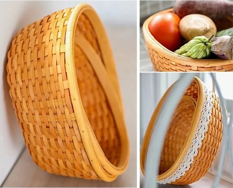 Handmade Natural Woven Woodchip Storage Basket with Lace Weaving Beautiful Craft Baskets for Home Organization