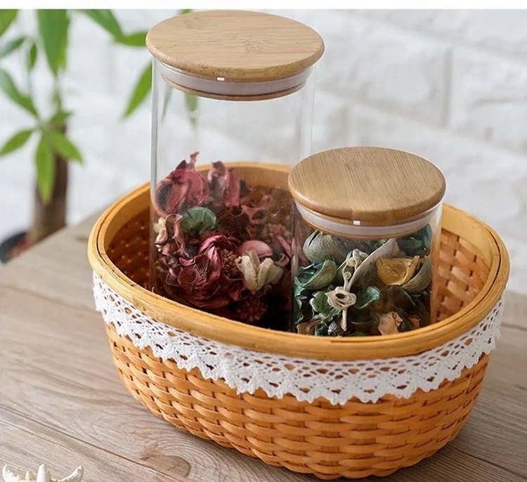 Handmade Natural Woven Woodchip Storage Basket with Lace Weaving Beautiful Craft Baskets for Home Organization