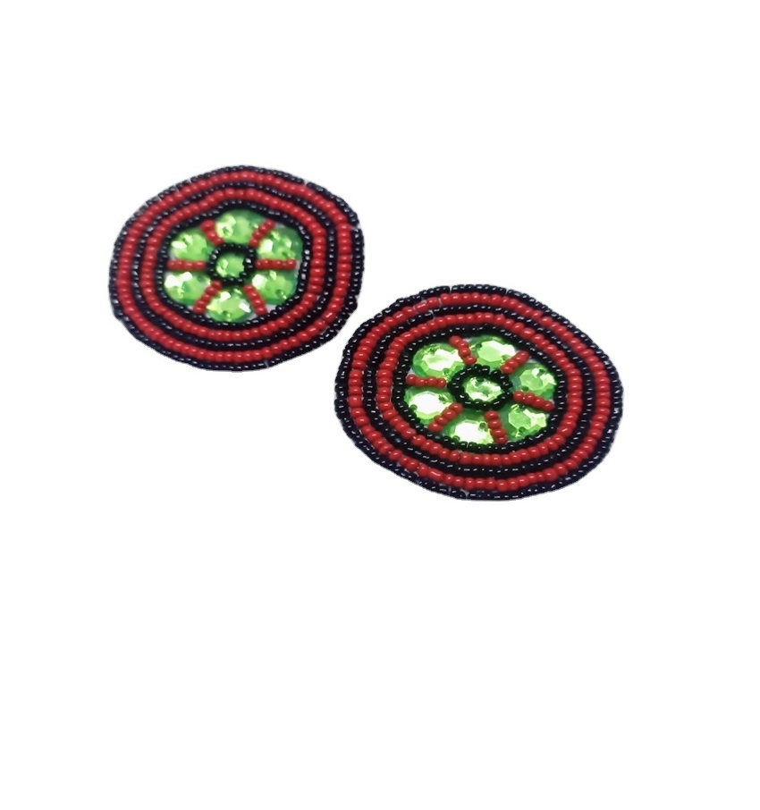 Round red beaded earrings with sequin embroidery inside hand made embroidery classic earrings for women