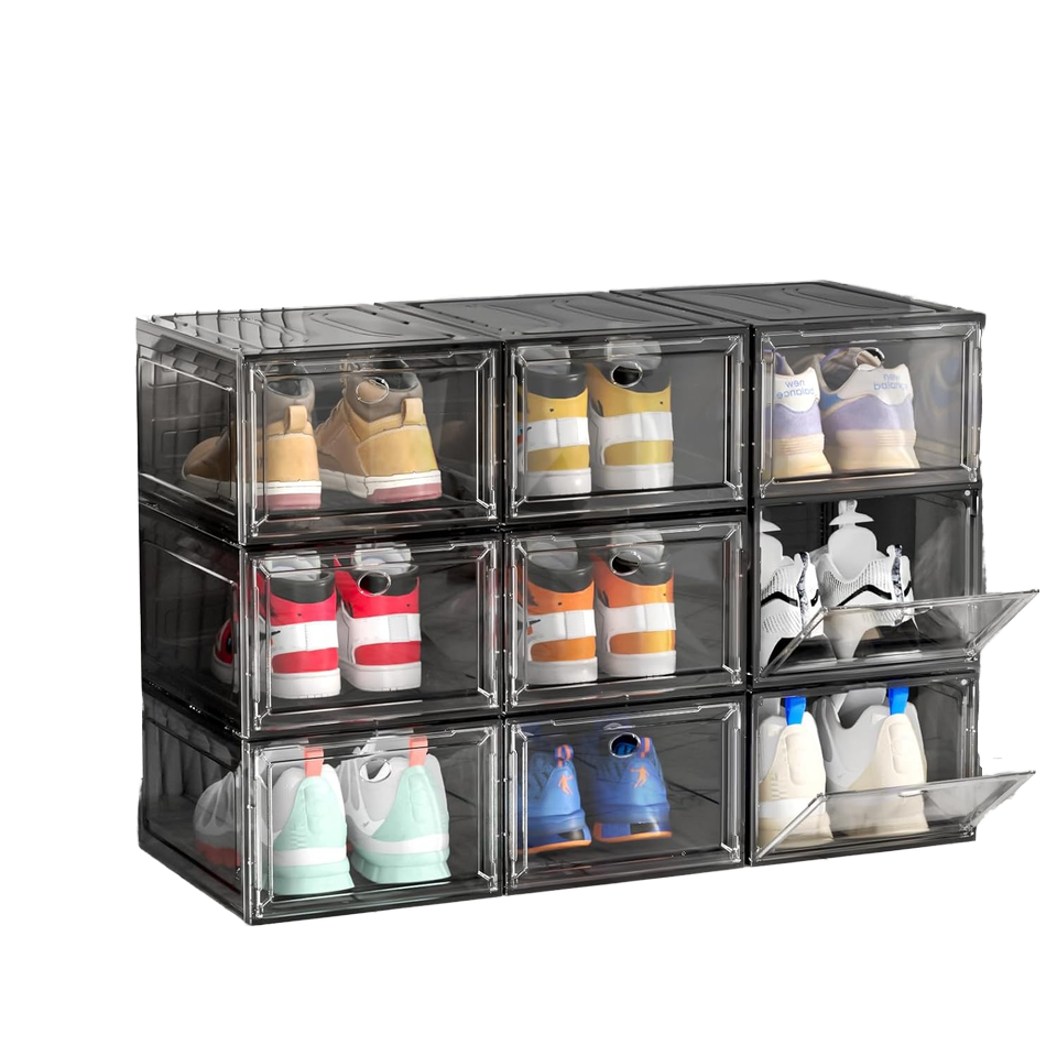 Walue Upgraded Harder Solid Plastic Shoe Organizer 9-Pack Storage Boxes Clear Stackable Sneaker Display Case Closet Black