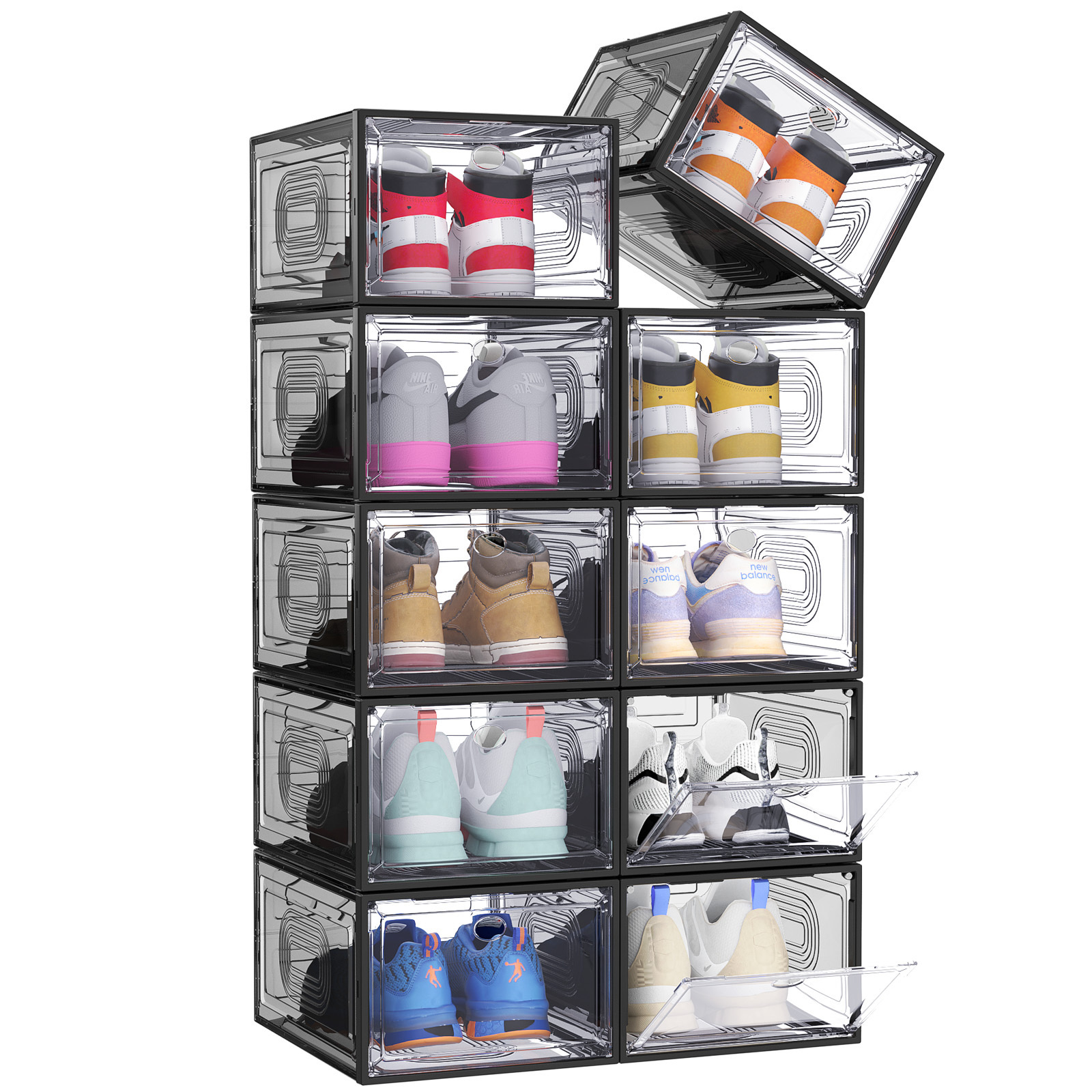 Walue Hot selling foldable  Plastic Sneaker Stackable Shoe Storage Boxes with Front Acrylic Drawer Type  Clear shoe boxes bins