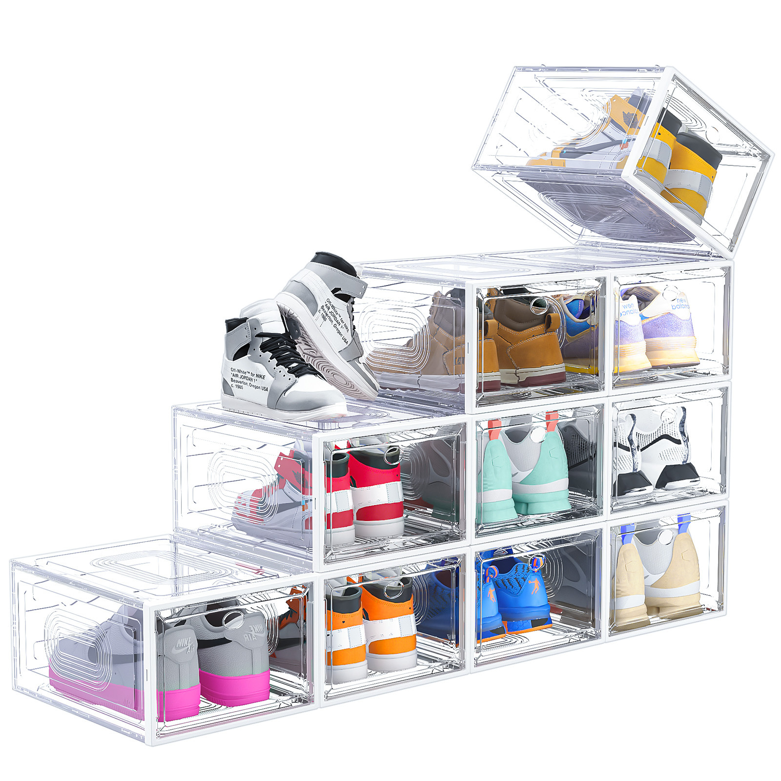 Walue Hot selling foldable  Plastic Sneaker Stackable Shoe Storage Boxes with Front Acrylic Drawer Type  Clear shoe boxes bins