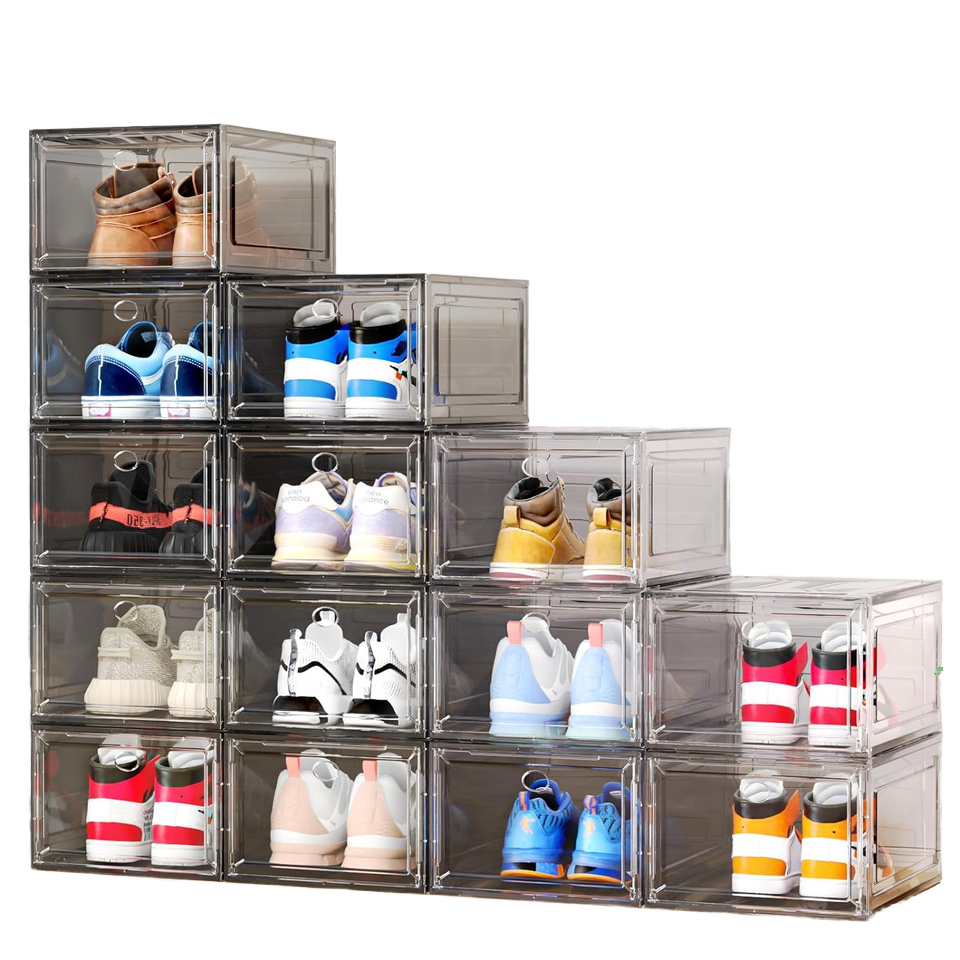 Walue Upgraded Harder Solid Plastic Shoe Organizer 9-Pack Storage Boxes Clear Stackable Sneaker Display Case Closet Black