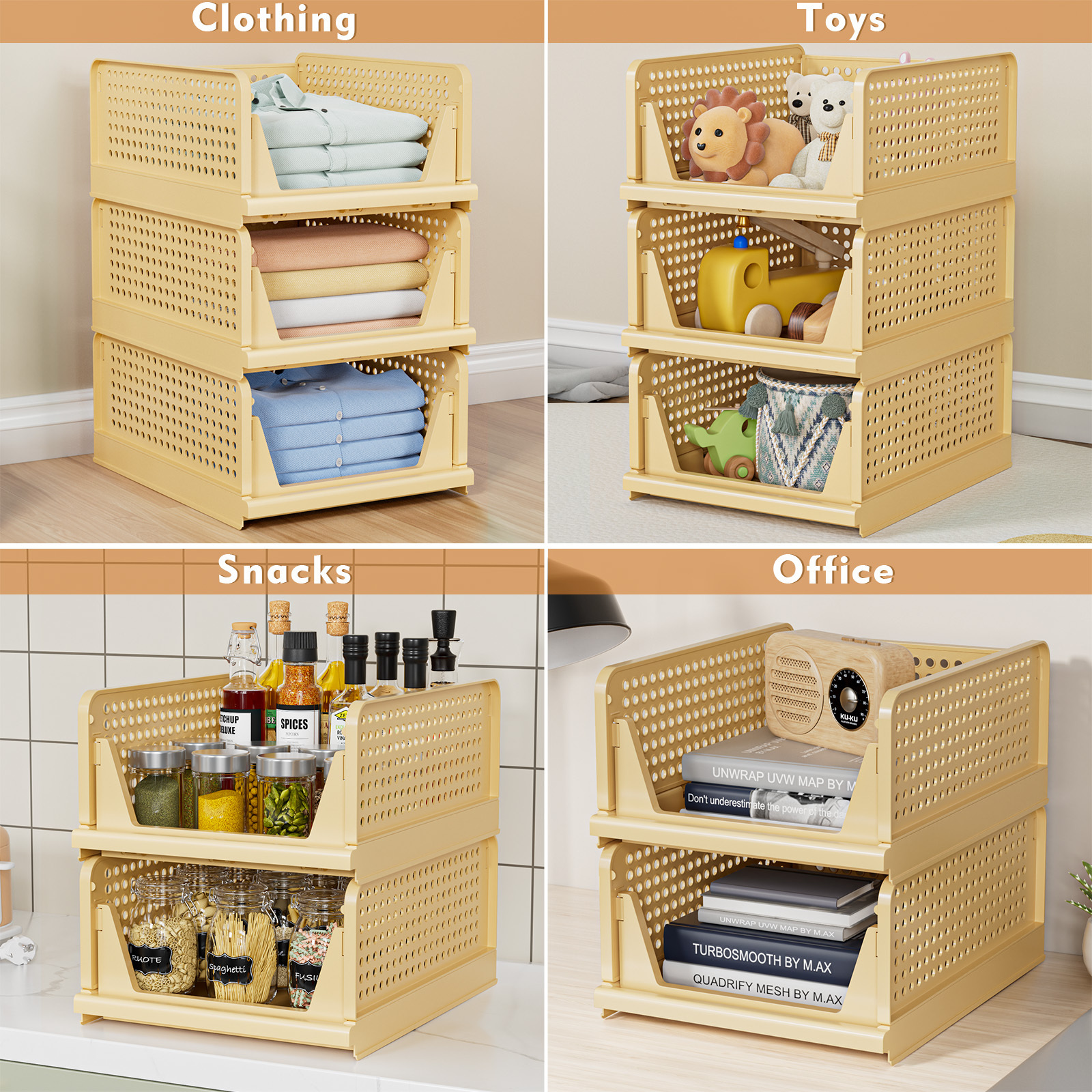 WALUE Modern Stackable Plastic Storage Basket Bin 4-Pack Shelf Box for Closet Wardrobe Organizer Foldable Clothes Drawer