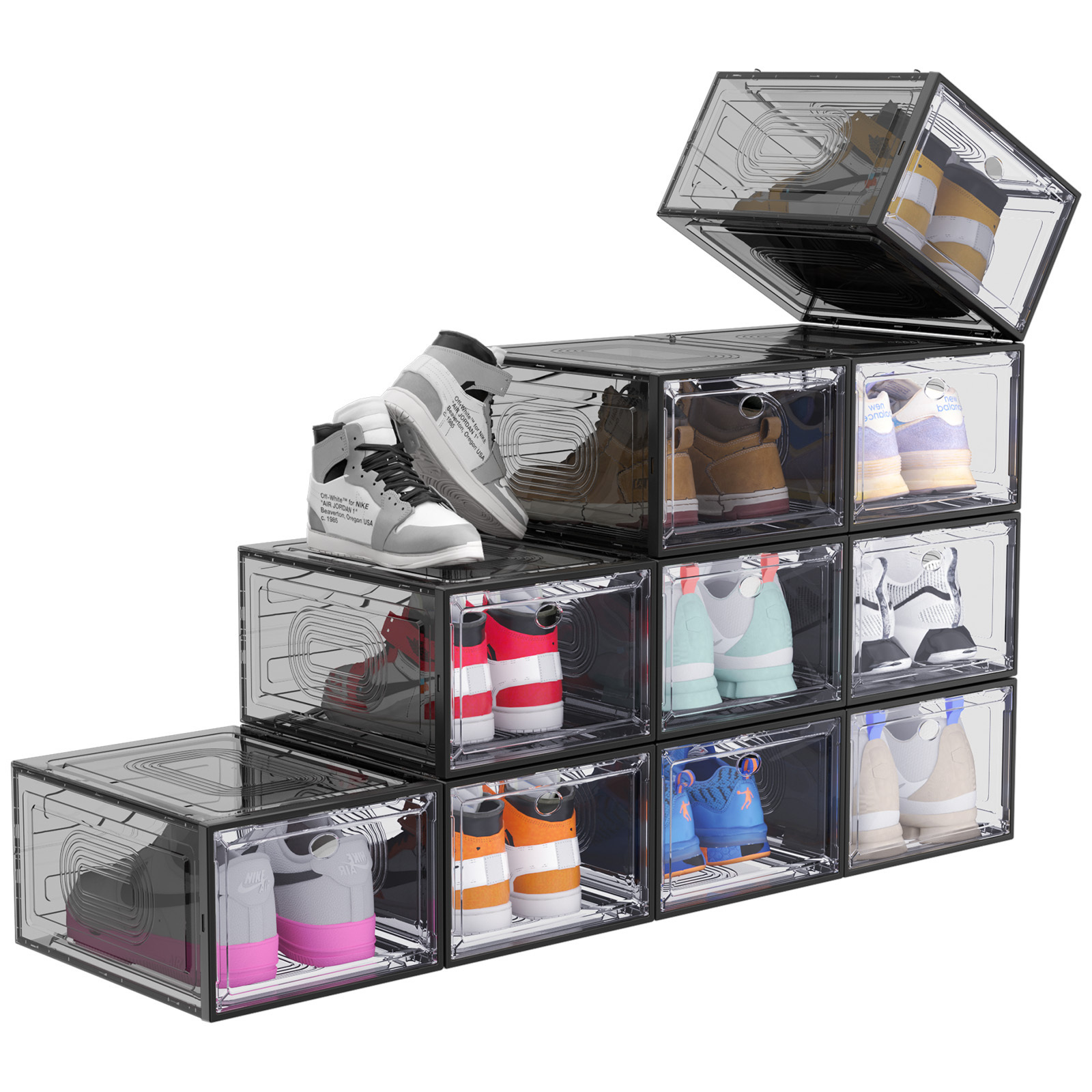 Walue Hot selling foldable  Plastic Sneaker Stackable Shoe Storage Boxes with Front Acrylic Drawer Type  Clear shoe boxes bins