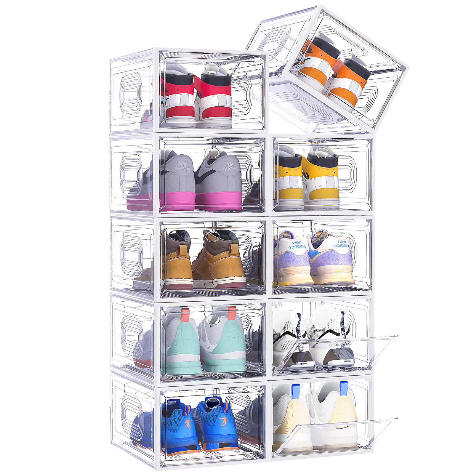 Walue Hot selling foldable  Plastic Sneaker Stackable Shoe Storage Boxes with Front Acrylic Drawer Type  Clear shoe boxes bins