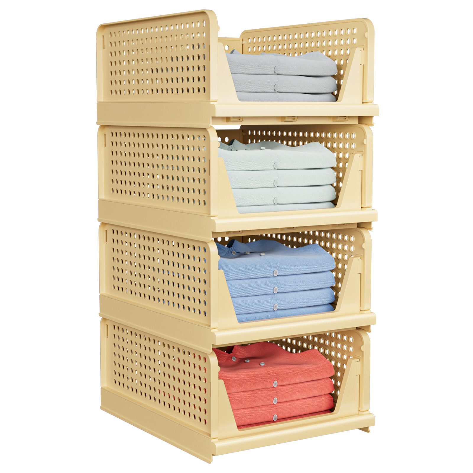 WALUE Modern Stackable Plastic Storage Basket Bin 4-Pack Shelf Box for Closet Wardrobe Organizer Foldable Clothes Drawer