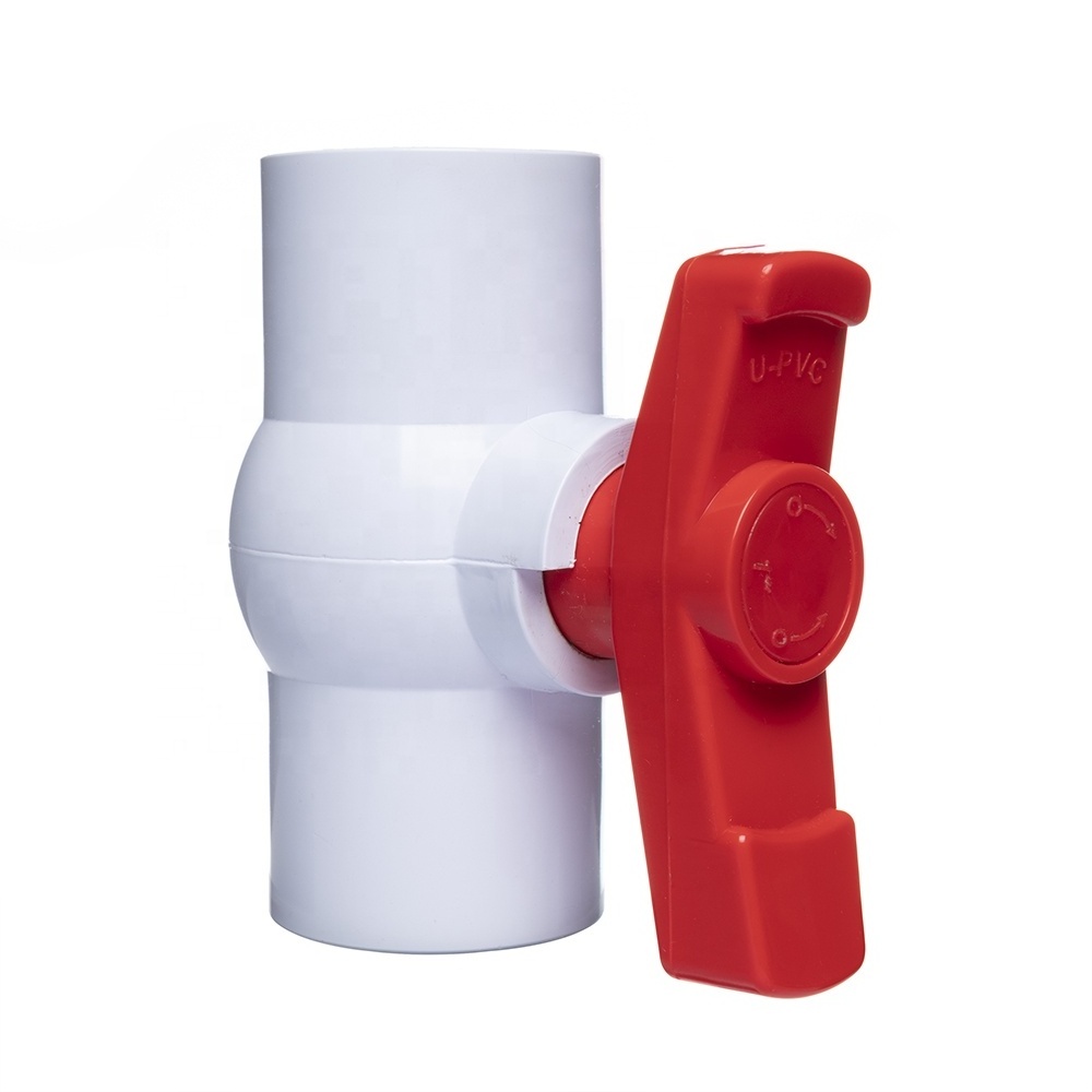 HIGH QUALITY PVC CHEAP PRICE 2 INCH WATER VALVE WHITE BODY RED SQUARE HANDLE COMPACT BALL VALVES MADE IN CHINA