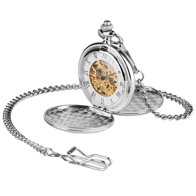 Wholesale Twin Open Plain Case Skeleton Clock Mechanical Men Steampunk Pocket Watch With Chain