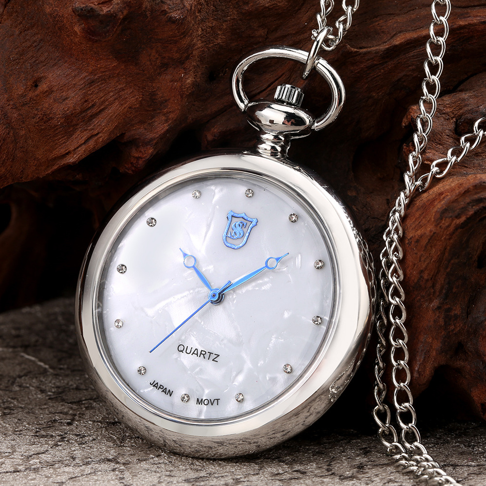 Retro Necklace Clock Luxury Smooth Silver Case Quartz Pocket Watch With Chain For Men Gift