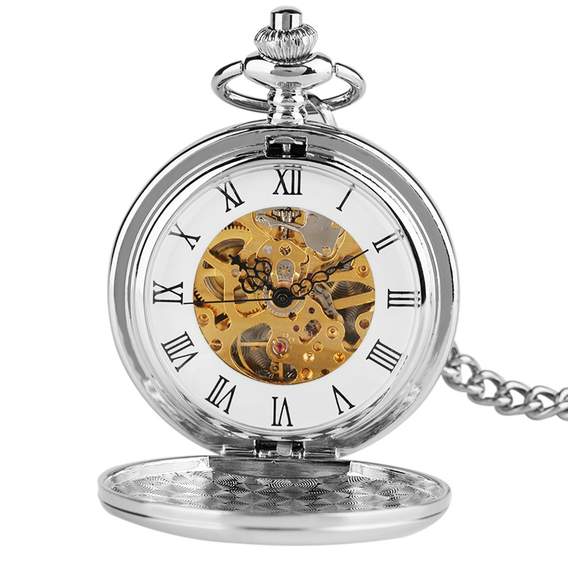 Wholesale Twin Open Plain Case Skeleton Clock Mechanical Men Steampunk Pocket Watch With Chain