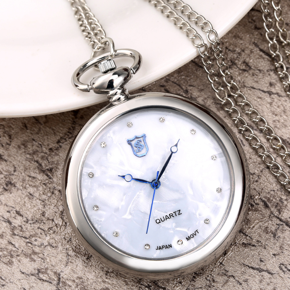 Retro Necklace Clock Luxury Smooth Silver Case Quartz Pocket Watch With Chain For Men Gift