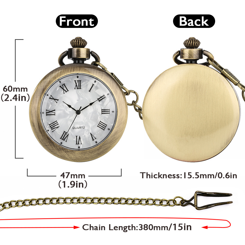 Open Face Roman Style Antique Bronze Pendant Necklace Chain Pocket Watch With Pearly Luster White Dial