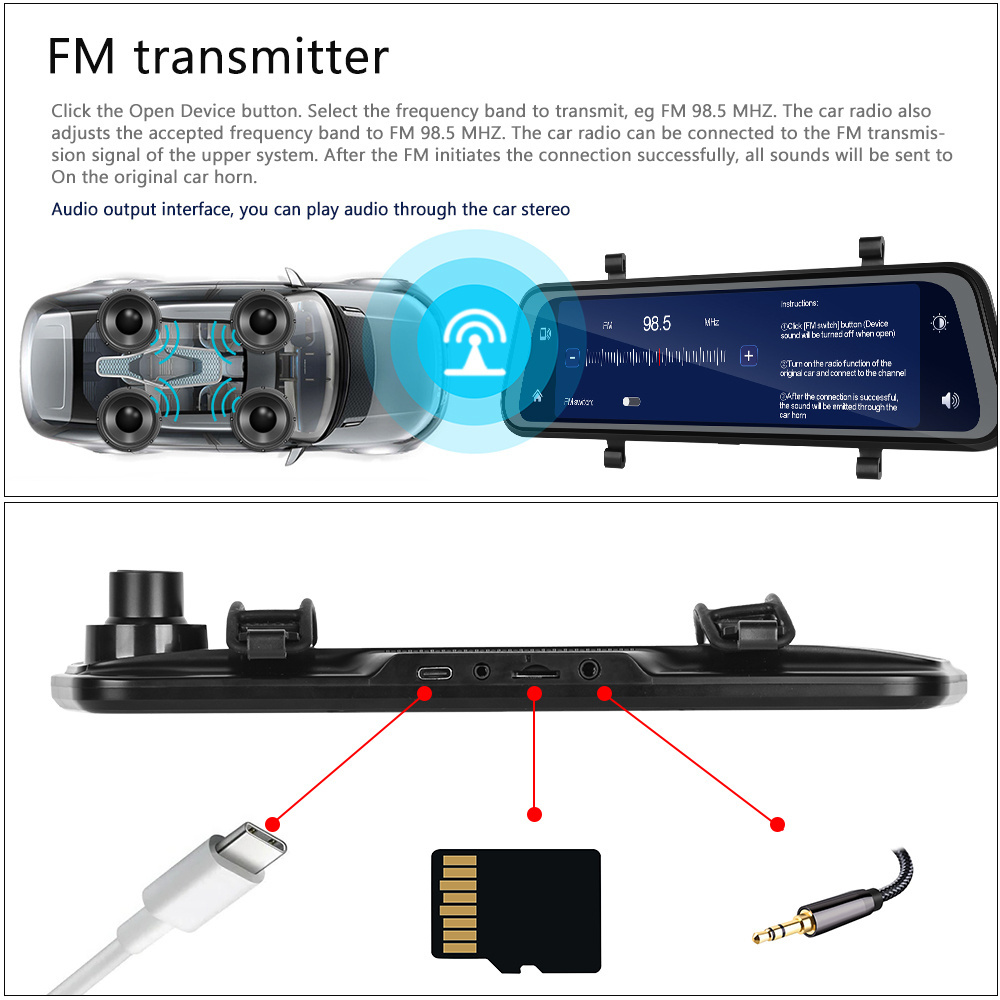 Podofo 9.66'' Dash Cam with Wireless Carplay & Android Auto HD IPS Touch Screen Car Mirror DVR BT FM AI Voice WDR Night Vision