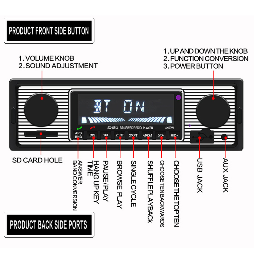 Podofo Autoradio 12V BT 1din Car Stereo Car MP3 Player FM Radio Receiver Support Aux SD USB MMC Remote Control