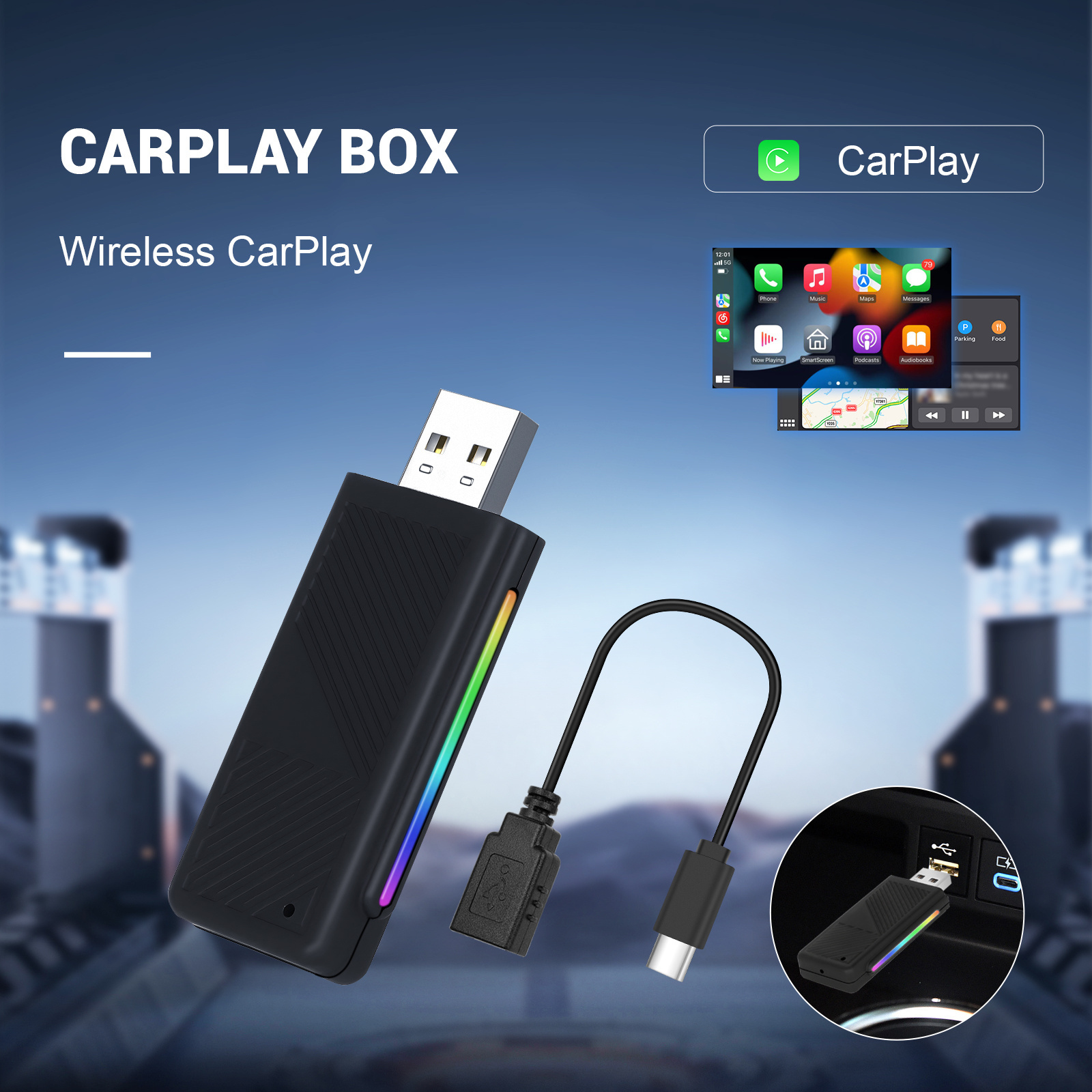 Podofo Wireless Carplay AI Box USB Adapter Wifi Dongle For Original Car Stereo Support Voice Control Colorful Lights