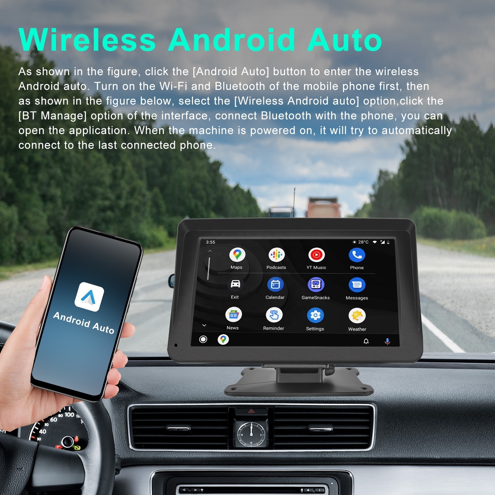 Podofo Portable Wireless Carplay & Android Auto Car Radio Autoestereo 7 Inch Touch Screen GPS BT FM Smart Car Monitor PND