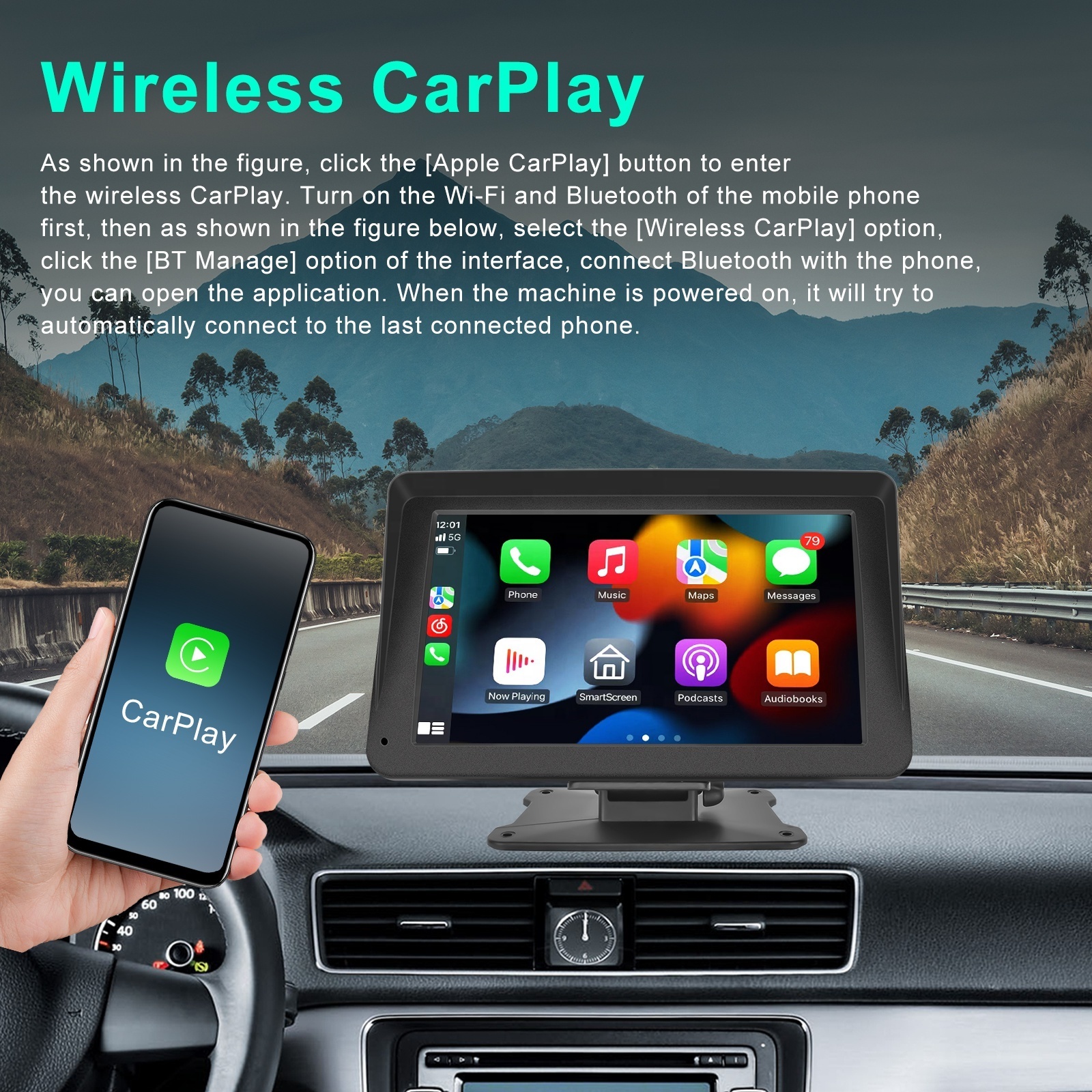 Podofo Portable Wireless Carplay & Android Auto Car Radio Autoestereo 7 Inch Touch Screen GPS BT FM Smart Car Monitor PND