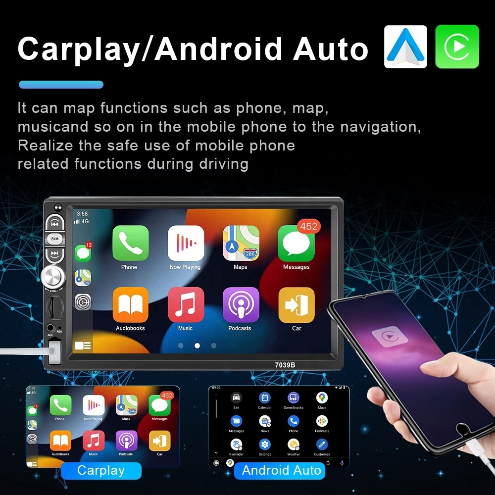 Podofo 7'' Single Din Car Stereo with Carplay Android Auto 1 Din Car Radio Car MP5 Player BT FM EQ Aux In+ Mic Auto Electronics