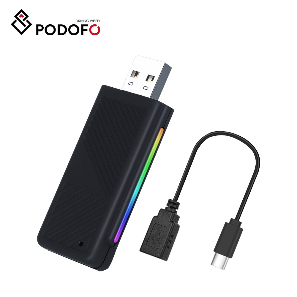 Podofo Wireless Carplay AI Box USB Adapter Wifi Dongle For Original Car Stereo Support Voice Control Colorful Lights