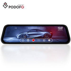 Podofo 9.66'' IPS LCD Touch Screen 2.5K HD Night Vision Dash Cam Dual Lens Front and Rear View Mirror Car DVR + Rear View Camera