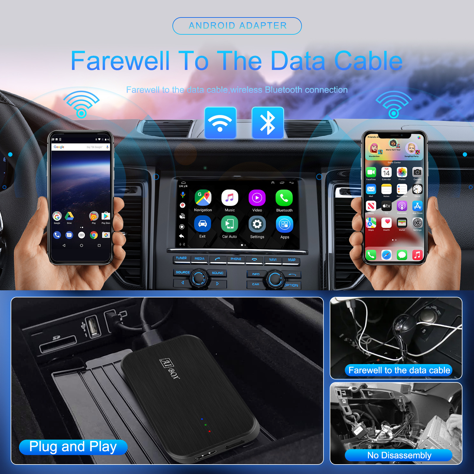 Podofo Android CarPlay AI Box 2+32GB Wireless Car Box Original Car System Upgrade Wifi GPS DSP for YouTube Netflix