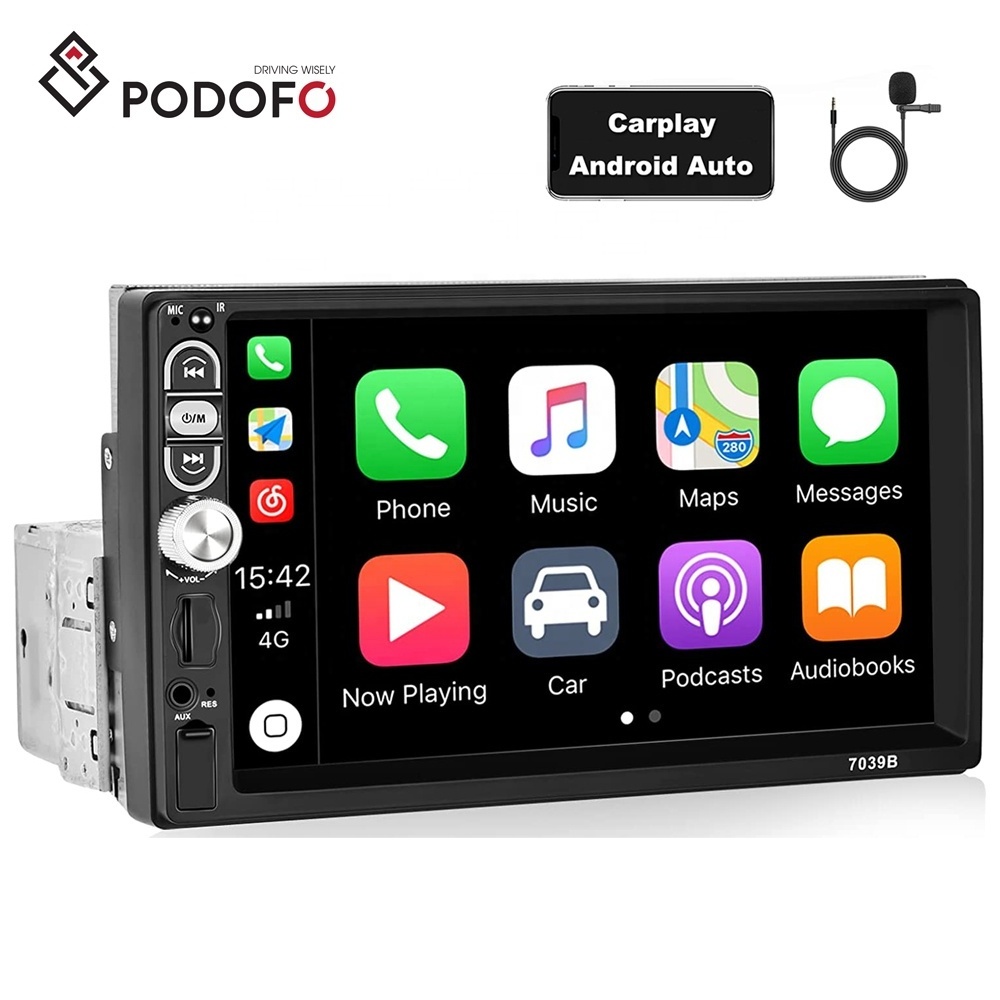 Podofo 7'' Single Din Car Stereo with Carplay Android Auto 1 Din Car Radio Car MP5 Player BT FM EQ Aux In+ Mic Auto Electronics