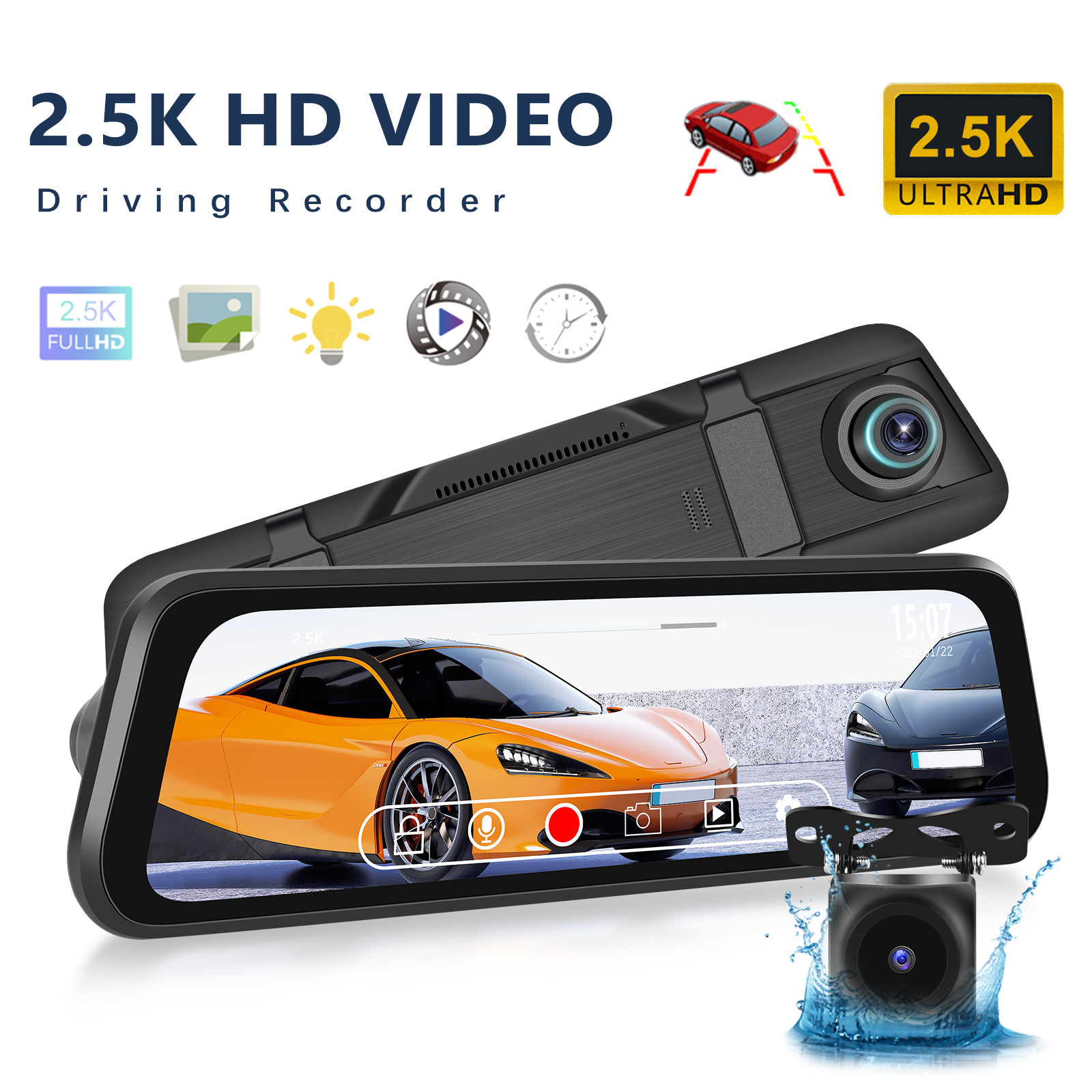 Podofo 9.66'' IPS LCD Touch Screen 2.5K HD Night Vision Dash Cam Dual Lens Front and Rear View Mirror Car DVR + Rear View Camera